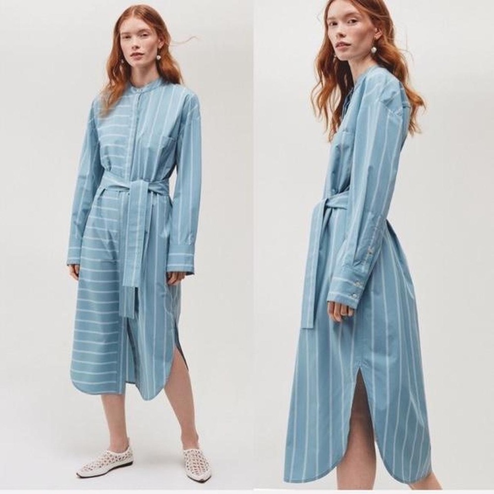 Aritzia Le Fou Wilfred Teal Striped Belted Button-Up Dress - Size Large